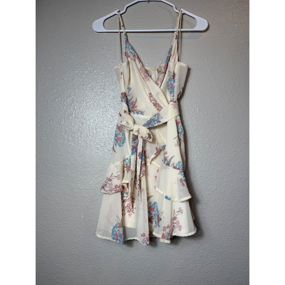 Altar'd State Ivory Floral Wrap Mini Dress Tiered Ruffle Spaghetti Strap XS